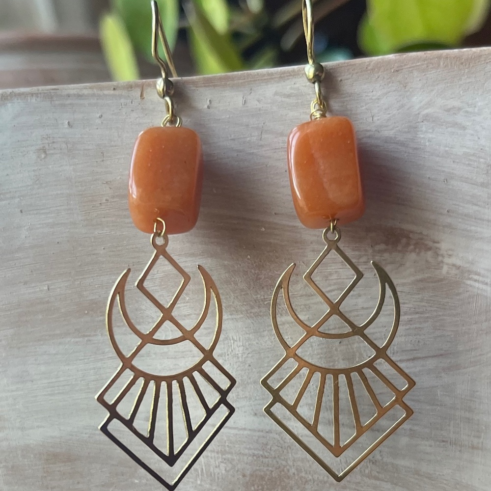 Handmade Boho Earrings - Orange Aventurine and Raw Brass - New